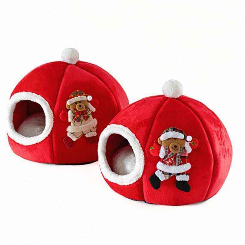 Cuccia Natalizia Tonda per Gatti e Cani con Ingresso in Pile e Cuscino Removibile by Dog Moda