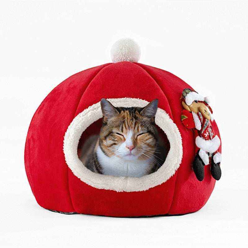 Cuccia Natalizia Tonda per Gatti e Cani con Ingresso in Pile e Cuscino Removibile by Dog Moda